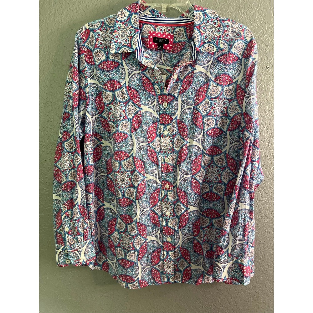 Talbots Shirt Top Plus X 12/14 Multi Medallion Cotton Button Up Blouse NWT